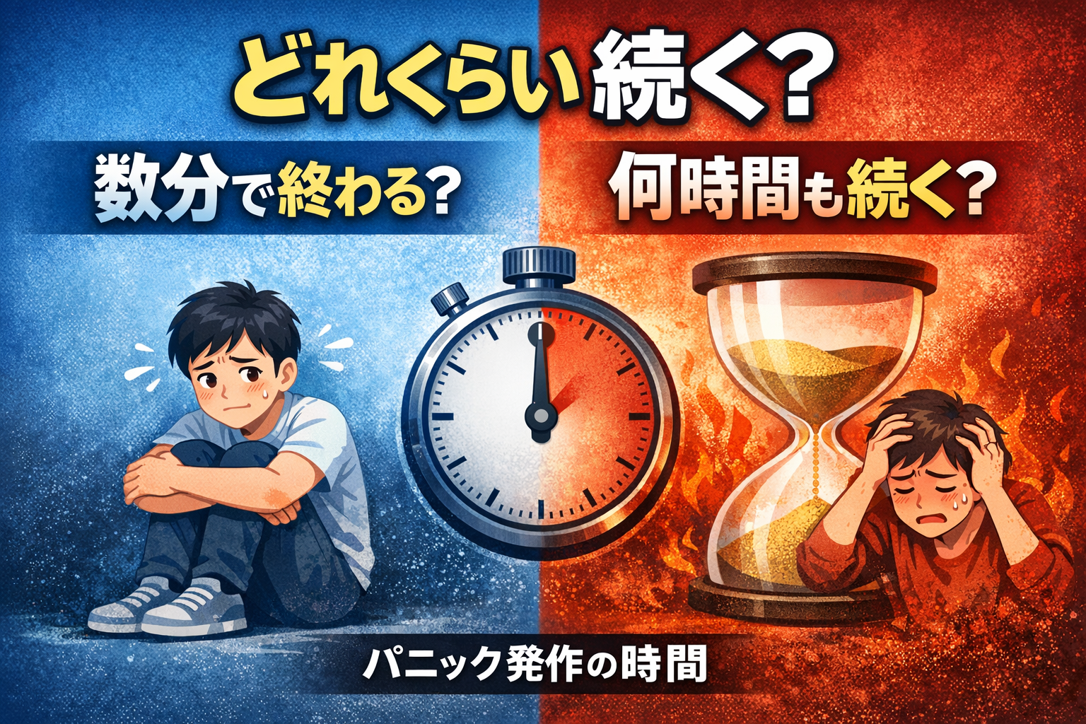 パニック発作の持続時間を比較（数分で終わる場合と数時間続く場合）